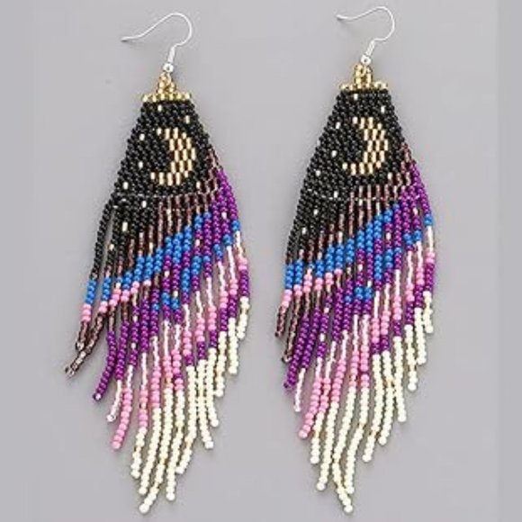 Long 5" Stars & Crescent Moon Night Earrings Handmade Beaded Oversized Statement - Picture 4 of 8